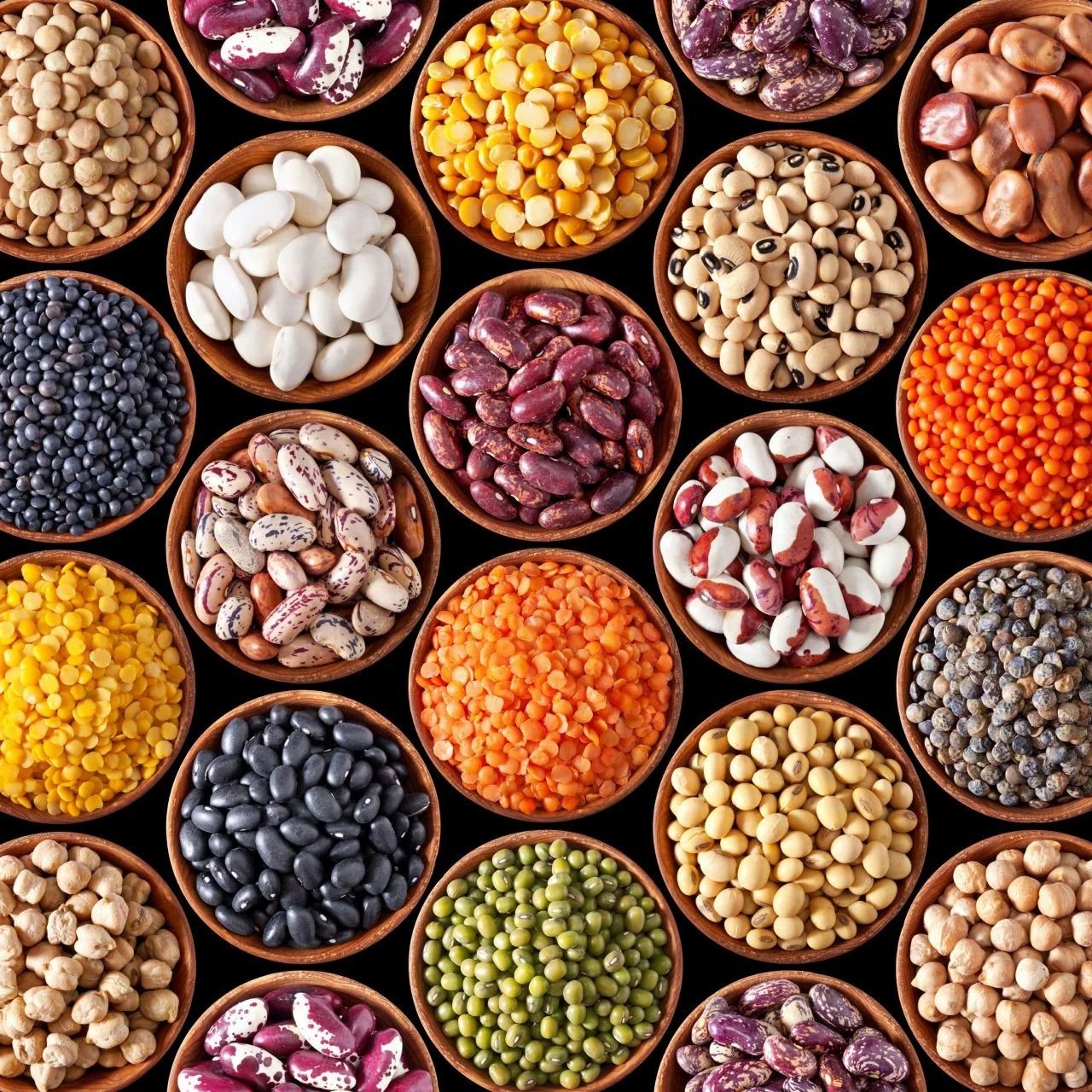 Ground spices and pulses displayed in bowls at a sourcing market
