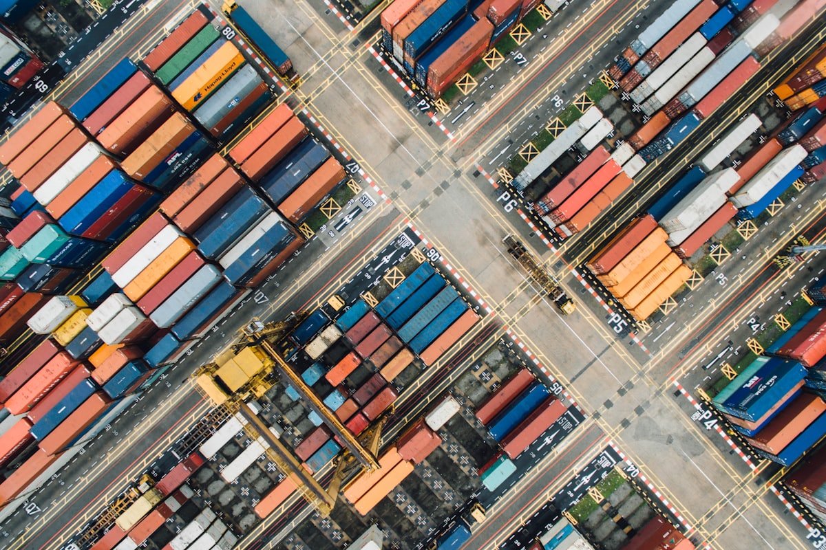 Aerial view of a container terminal stacking yard