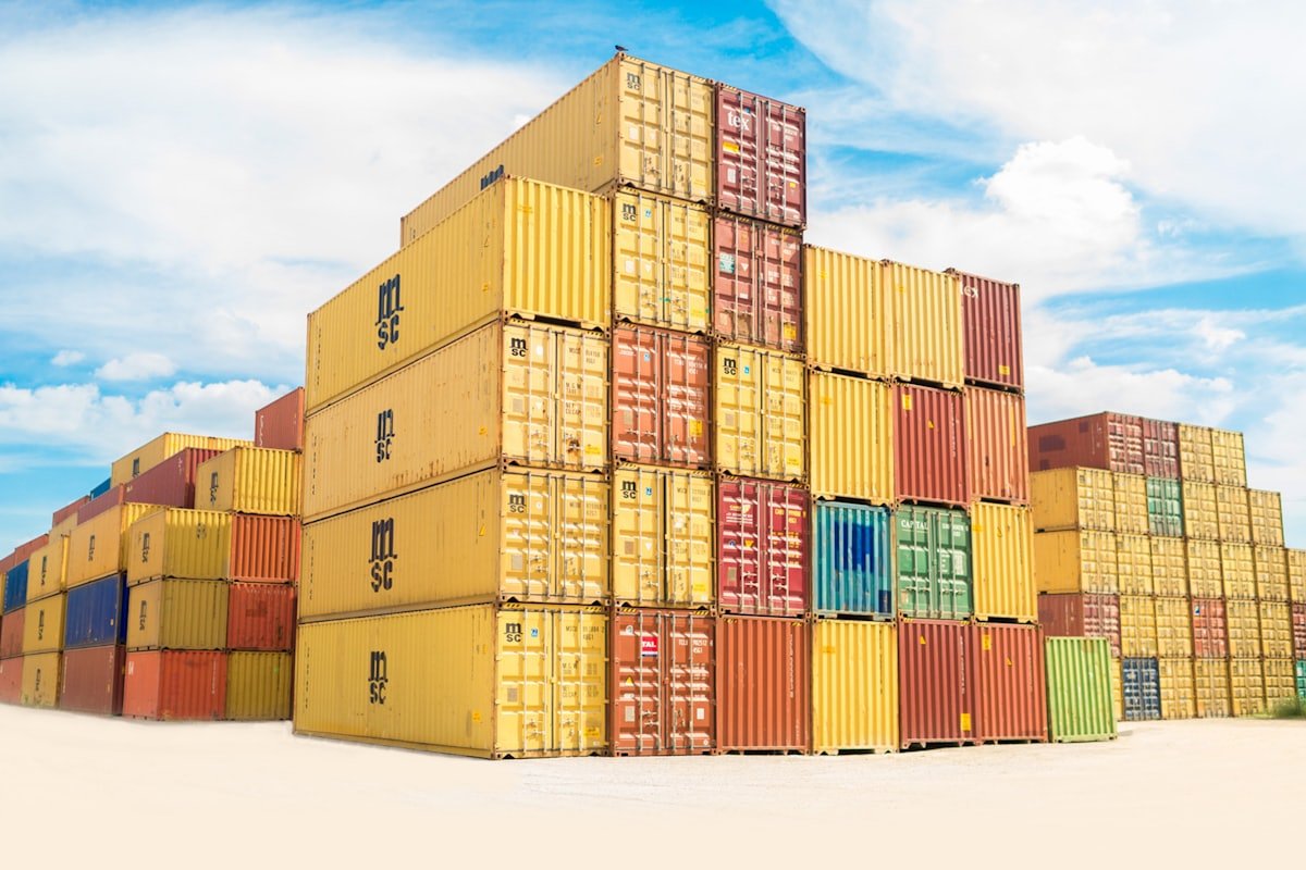 Stacked export containers ready to sail
